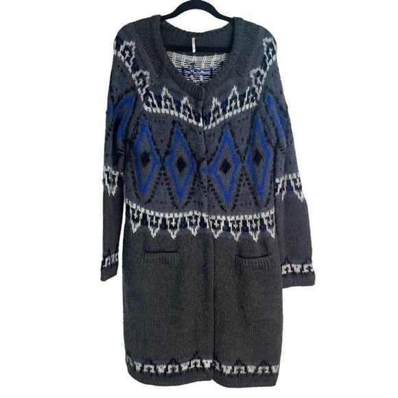 Free People Frosted Fair Isle Mohair Long Cardigan Shacket Sweater Size M - Picture 5 of 12